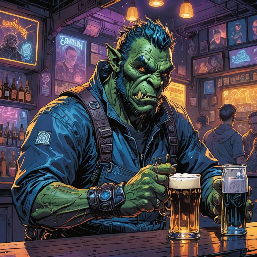 Orc and Mage at Bar in Cyberpunk Comic Art