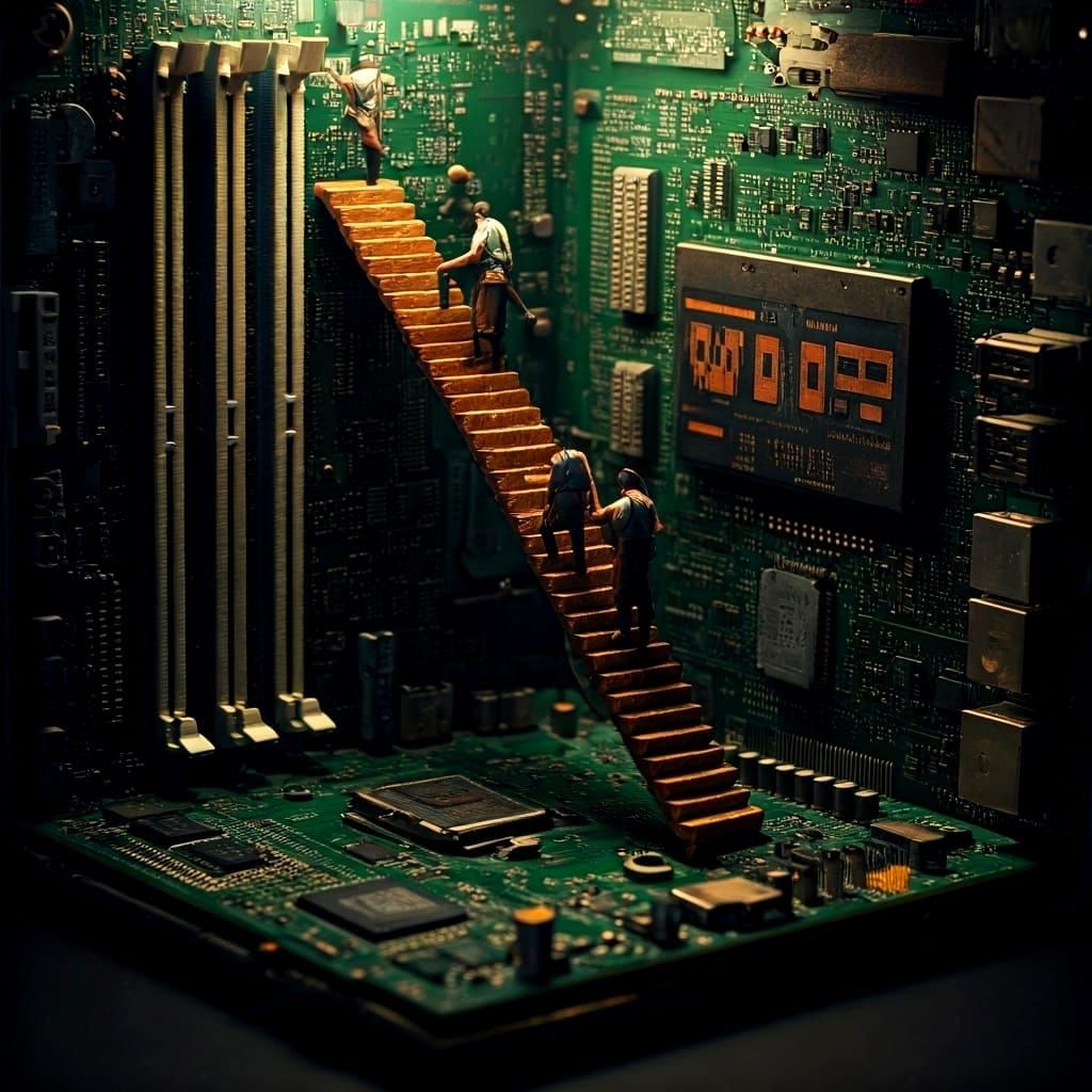 Secret Staircase Inside Computer Motherboard: Hyperrealistic...