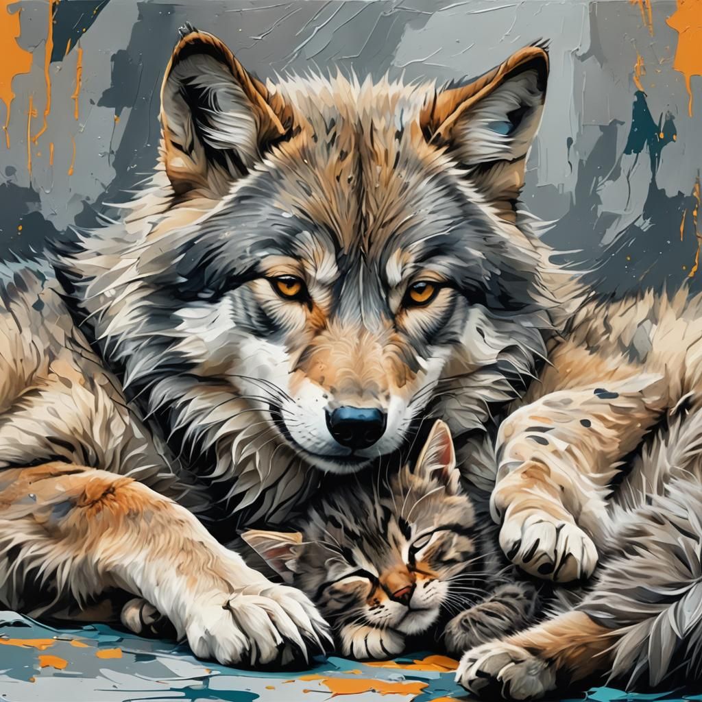 Wolf and Kitten Sleeping Together: Abstract Art