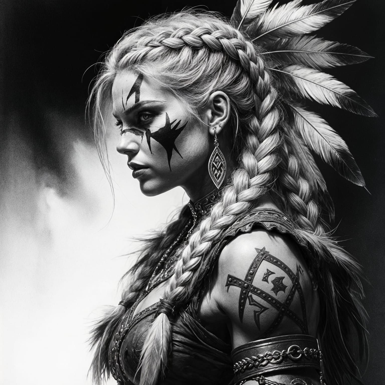 Viking Warrior Woman in Black and White Fantasy Art