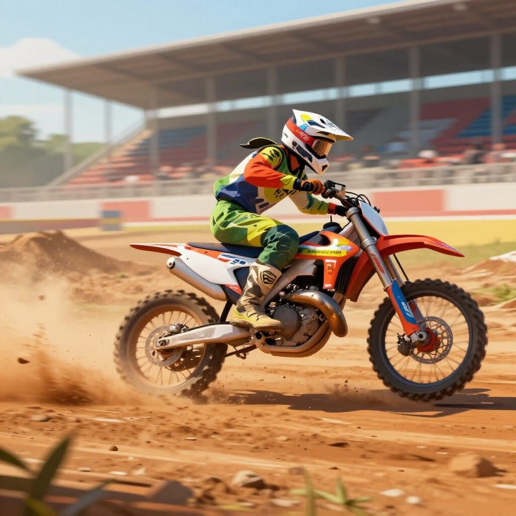 Motocross Rider Drifting on Dusty Track, Dynamic Concept Art