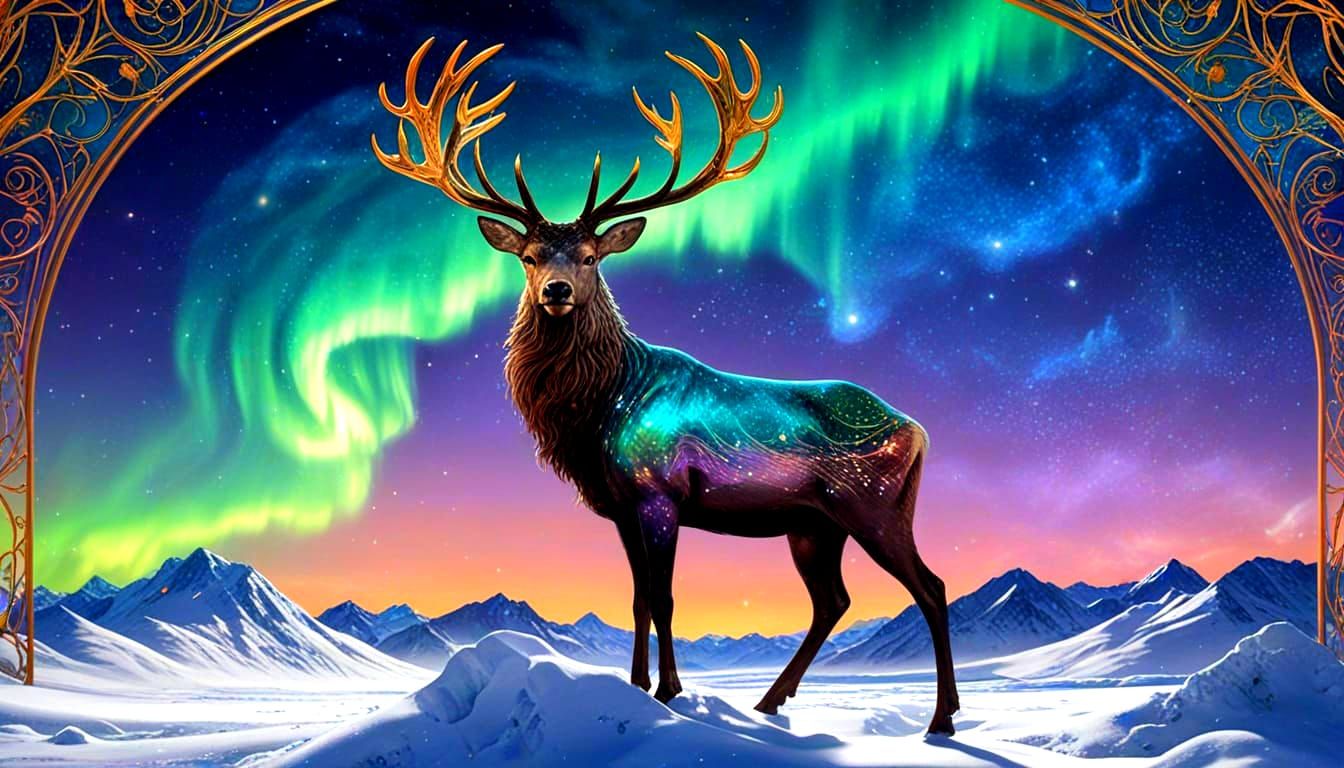 Cosmic Stag on Snowy Peak in Art Nouveau Style