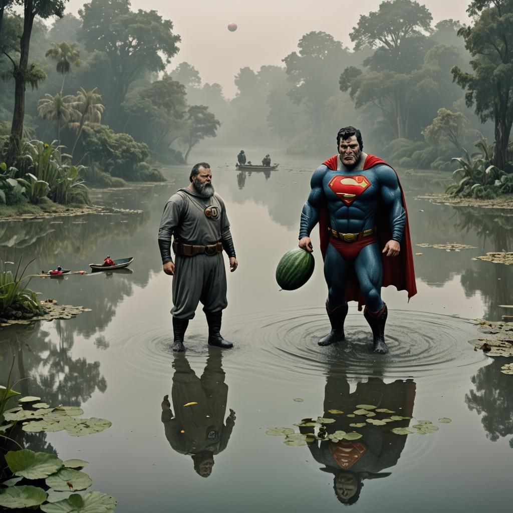 Superman walks around aimlessly over a large cucumber stuck to his thumb