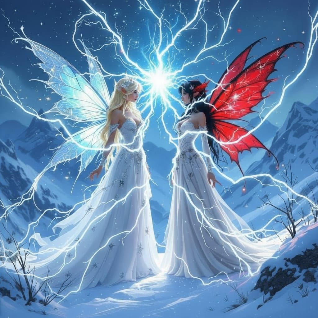 Fairies Creating Magical Blue Light on Snowy Mountain