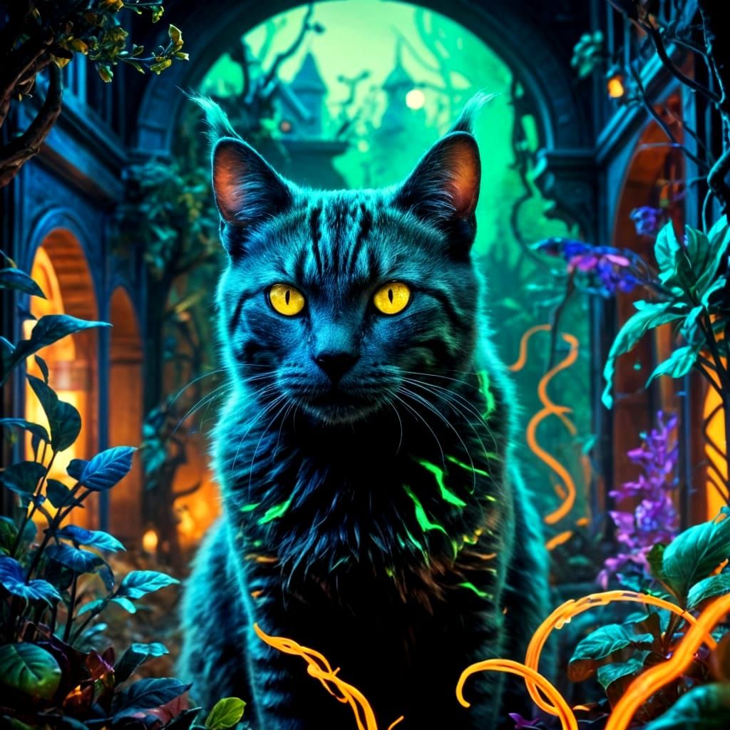Startled Neon Cat in Eerie Fantasy Garden