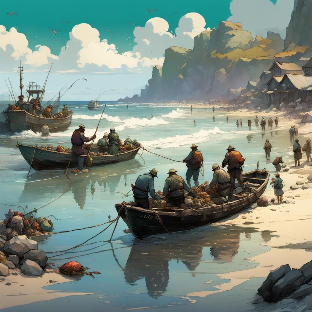 Colorful Fishermen Catch Lobster on Beach