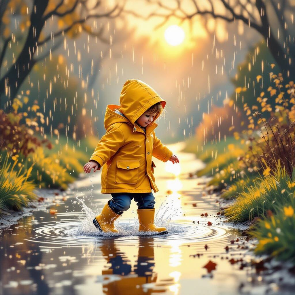 Child Splashing in Golden Rain, Whimsical Art Style
