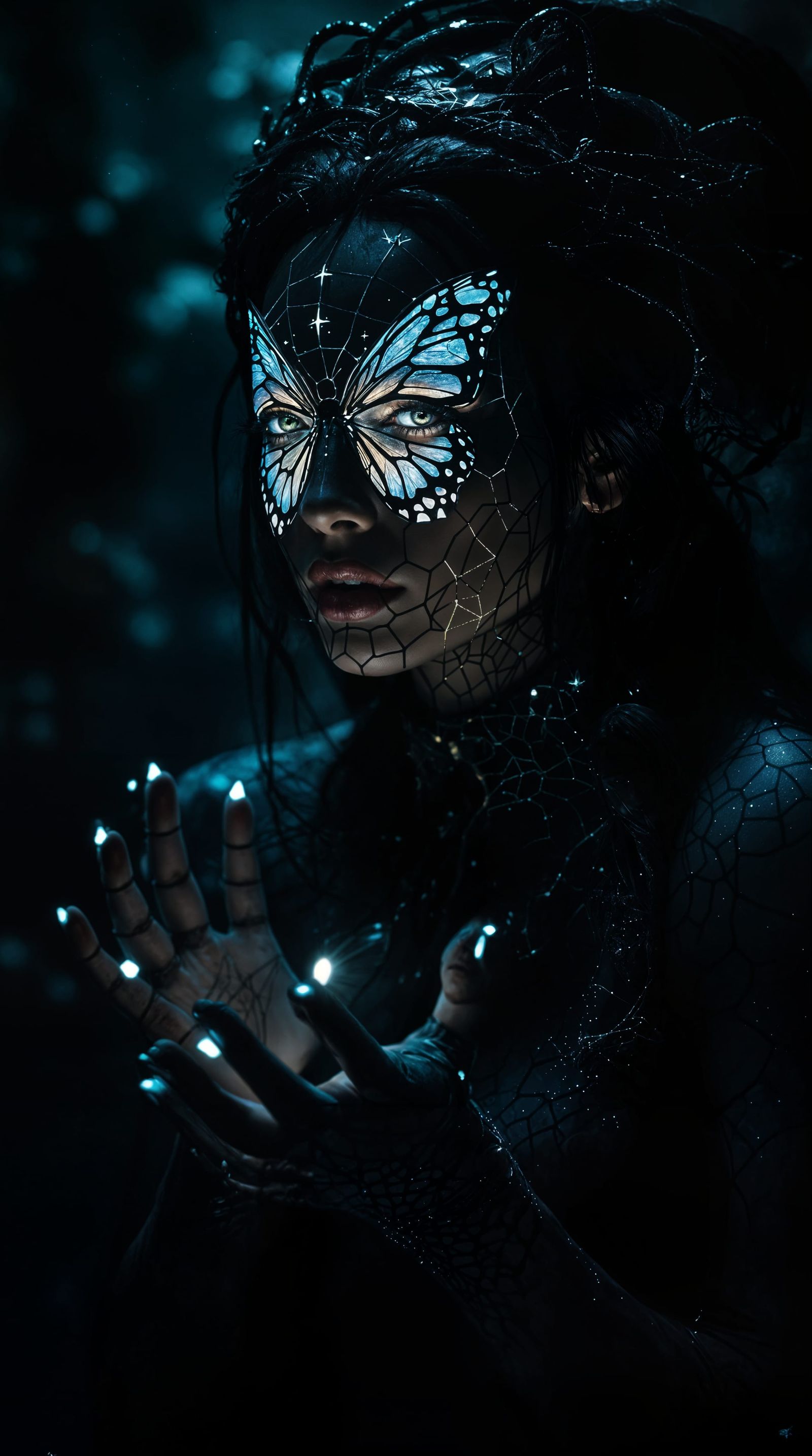 Mystical Woman with Webbed Skin and Shimmering Butterfly