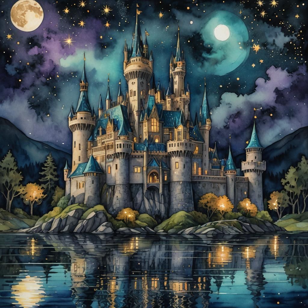 Black Castle at Night in Klimt Style Watercolor