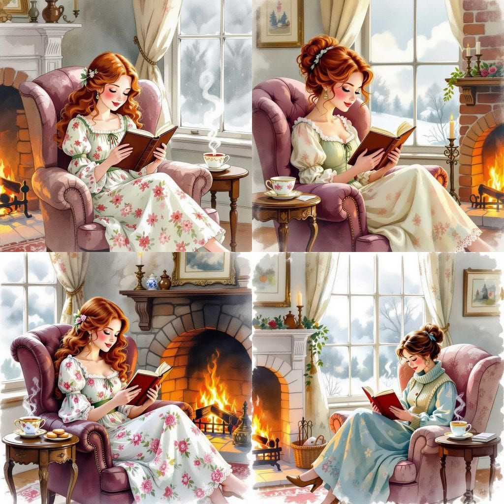 Cozy Reading Nook: Woman by Fireplace in Fairytale Style
