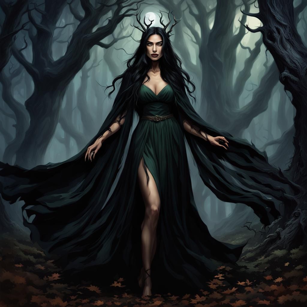 Enchanting Forest Witch with Flowing Shadowy Cloak
