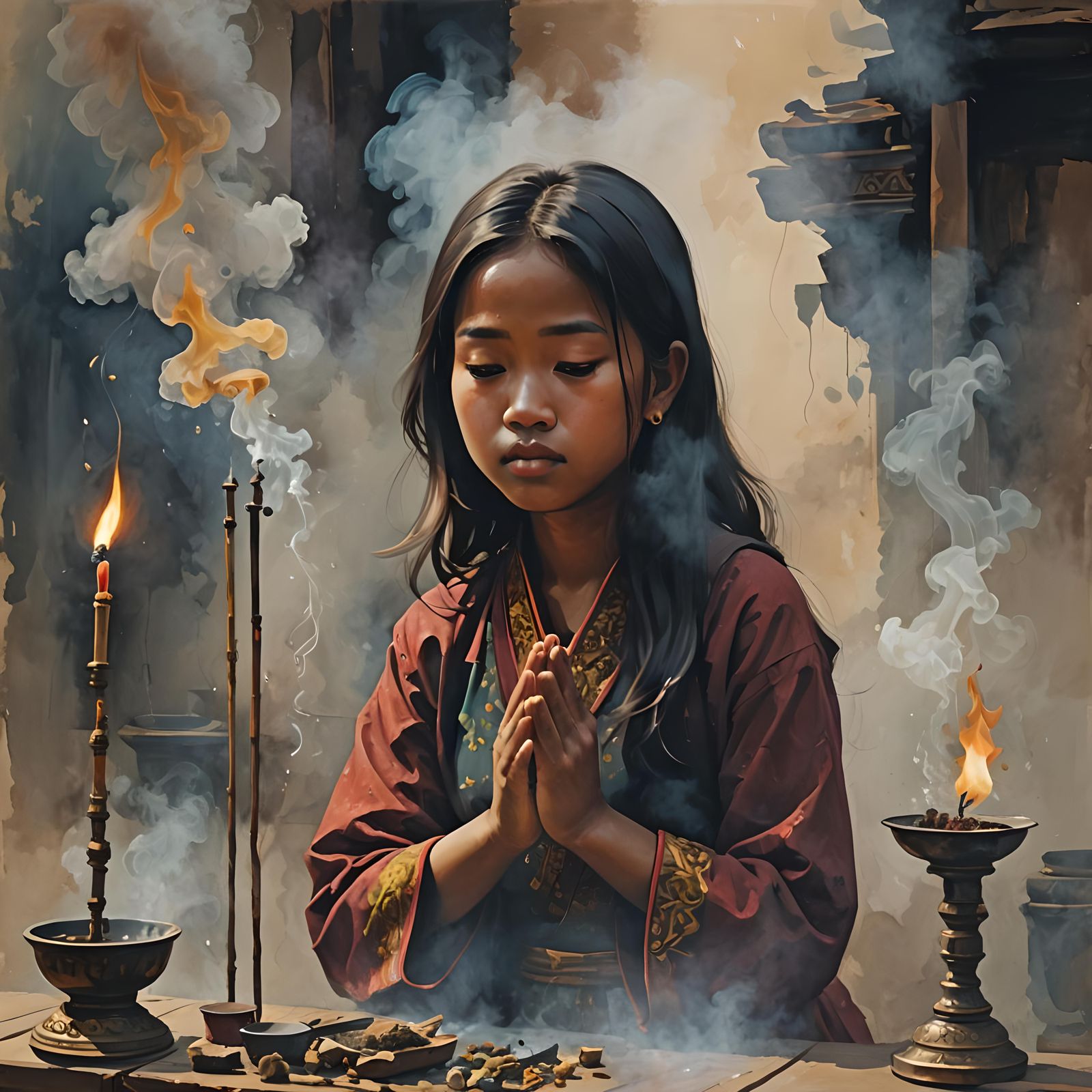 Indonesian Girl Praying with Incense in Abstract Style