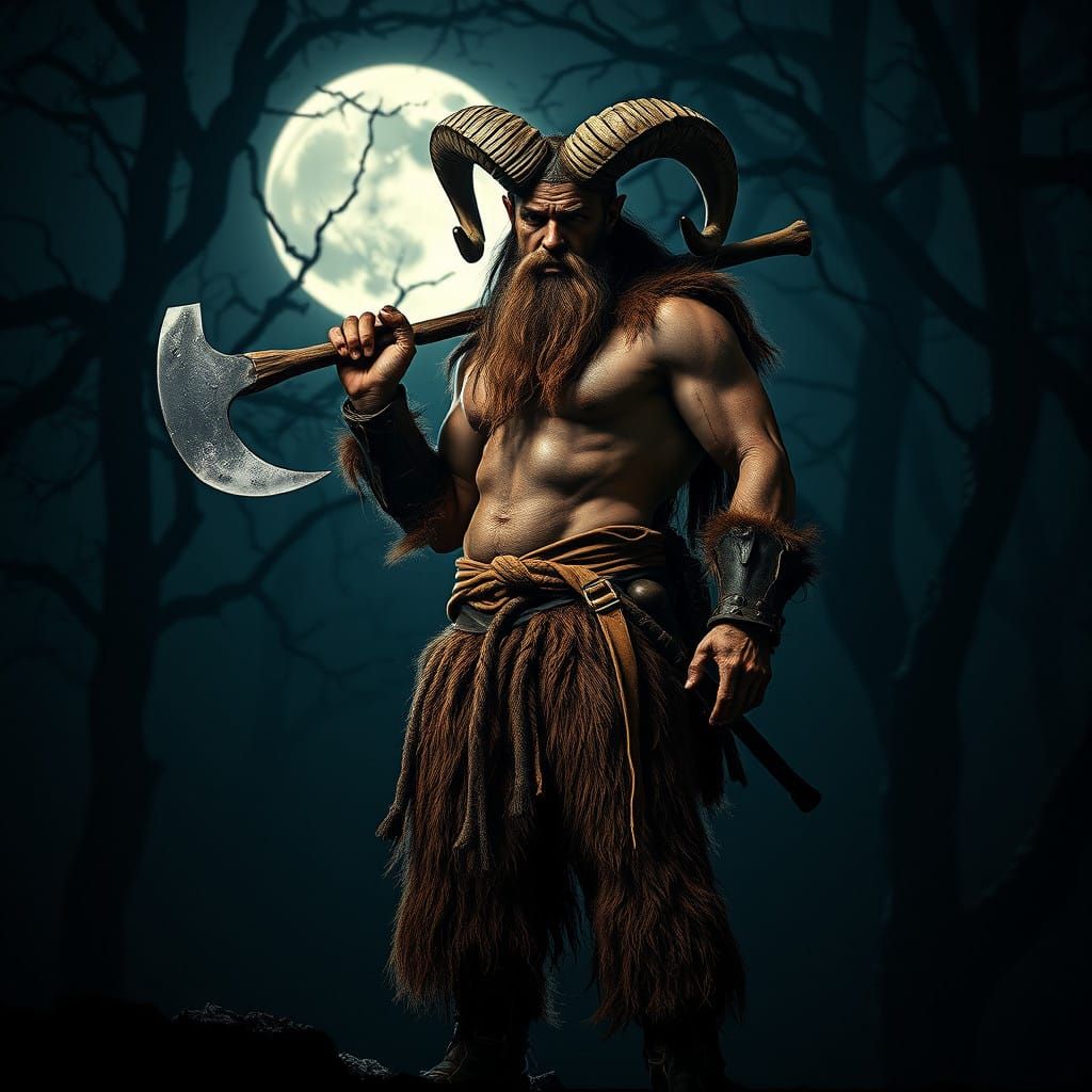 Powerful Satyr Barbarian Stands Tall with Axe and Flute