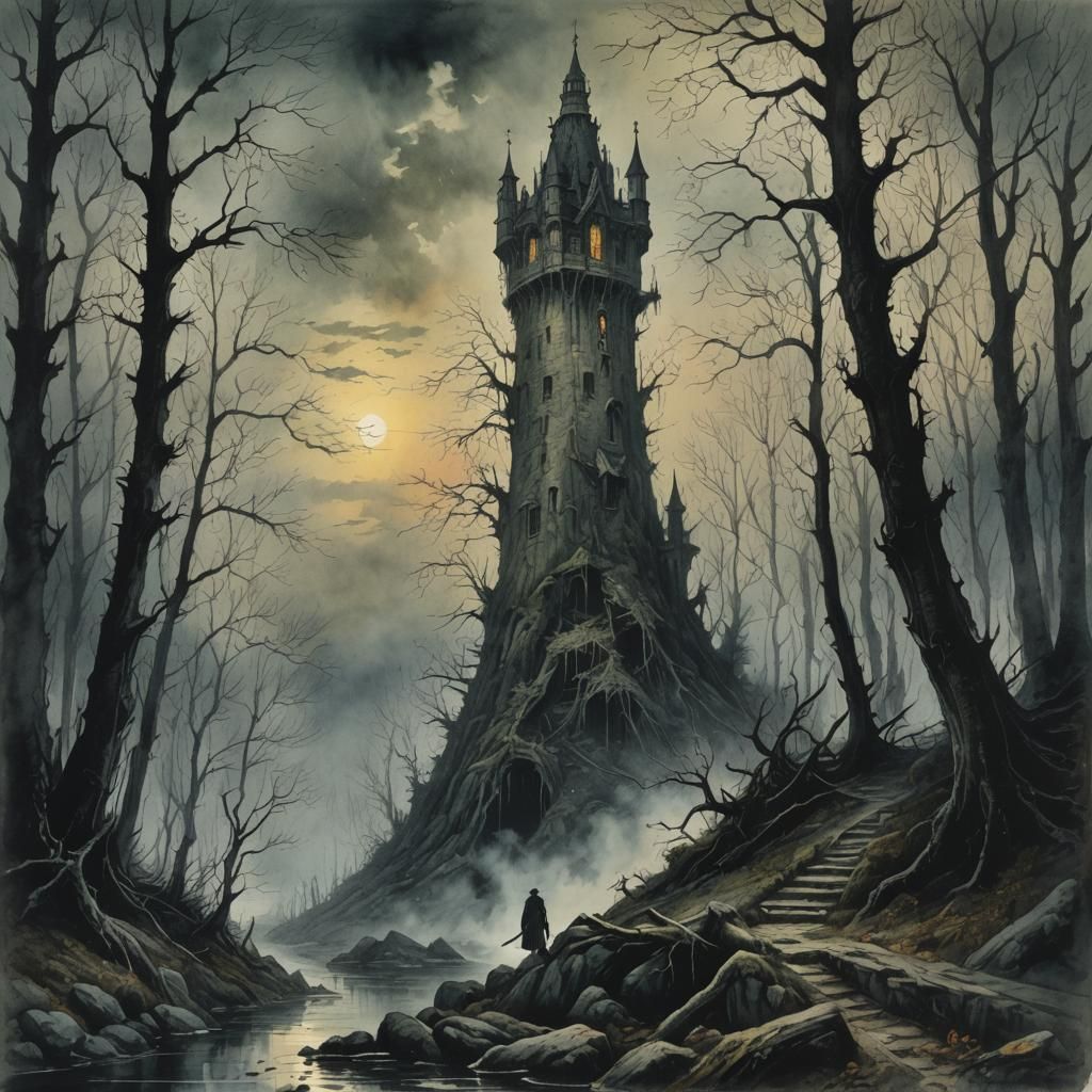 Haunted Forest: Lone Tower Watercolor Painting