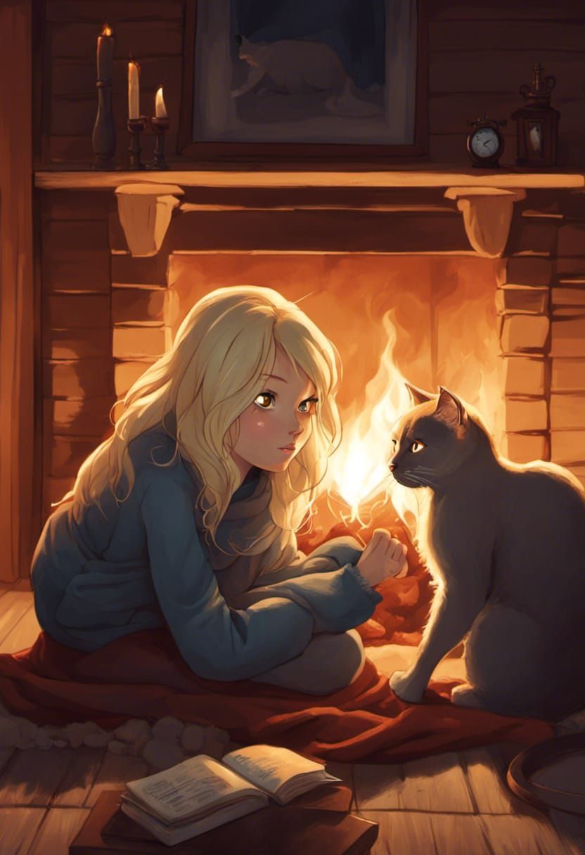 Feline Woman Relaxing by Cabin Fireplace at Night