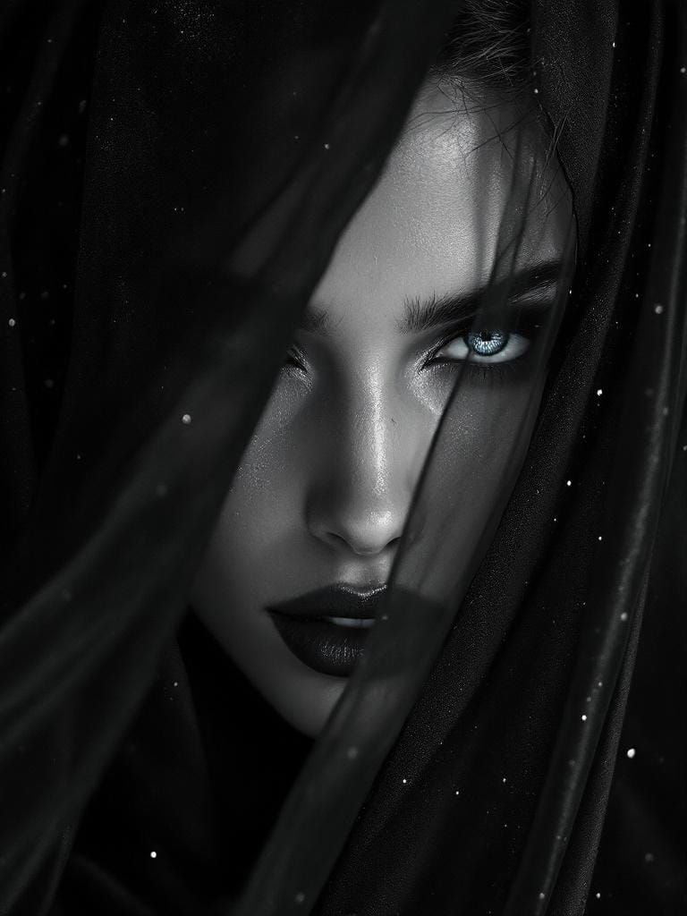 Monochrome Goddess in Black Silk: Mythpunk Portrait