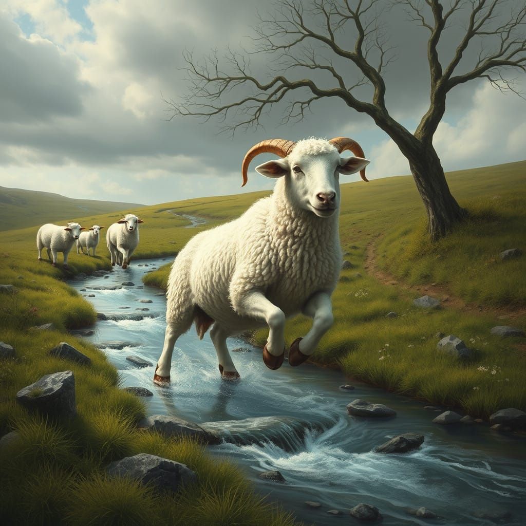 Surreal Celtic Landscape with Sheep Teleporting Across a Str...