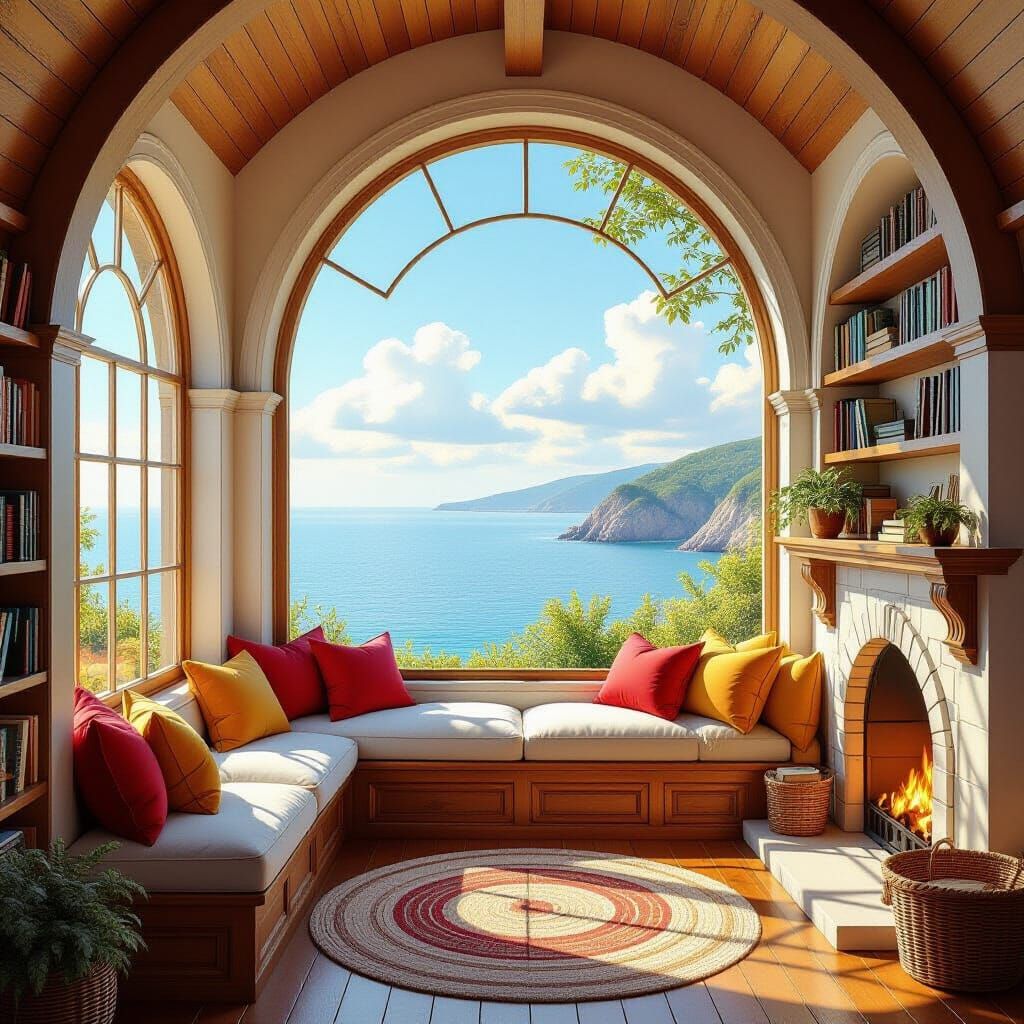 Cozy Reading Nook by the Sea, Luminous Digital Painting