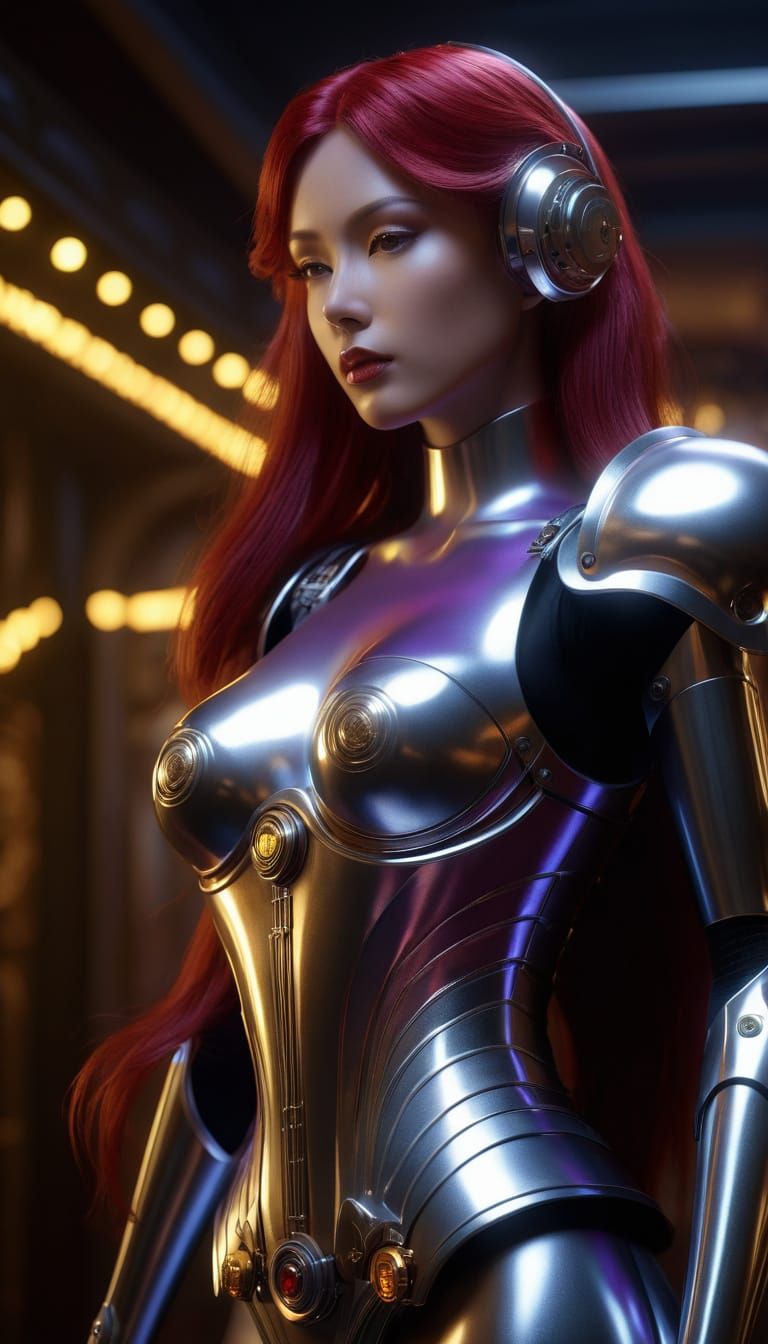 Hyperrealistic Gynoid with Red Hair in Sorayama Style