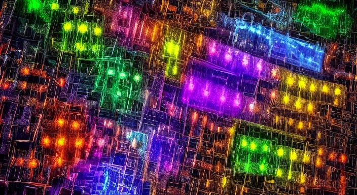 Abstract Quantum Computer Simulation in Neon Green and Orang...