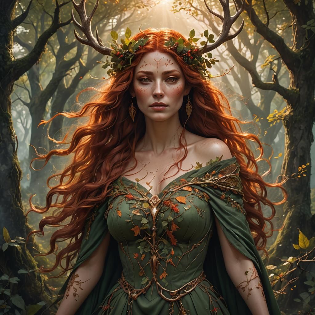 Goddess with Antlers in Forest Clearing: Fantasy Art