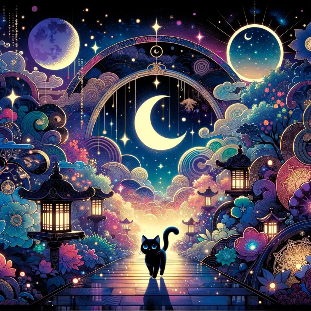 Whimsical Black Cat in Ethereal Starry Universe