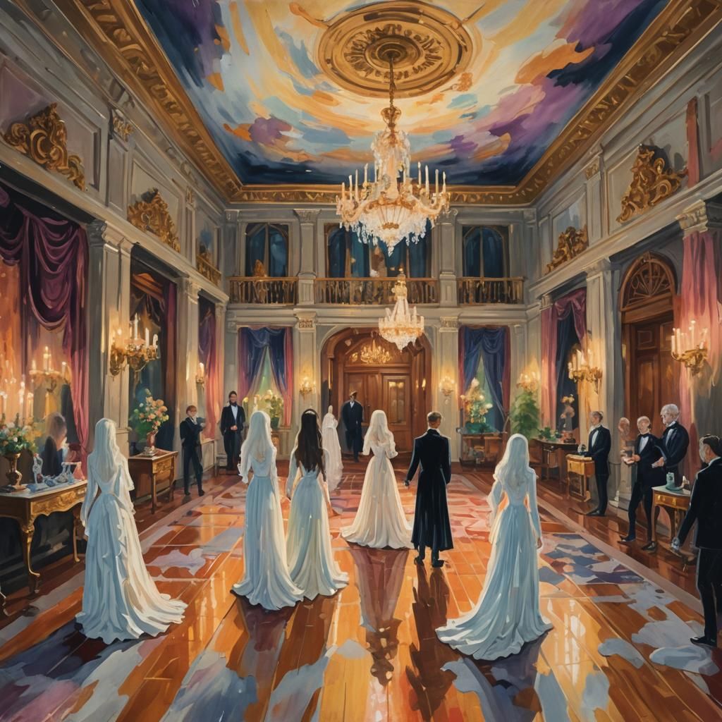 Ghosts' Lavish Party in Haunted Mansion as Impasto Painting