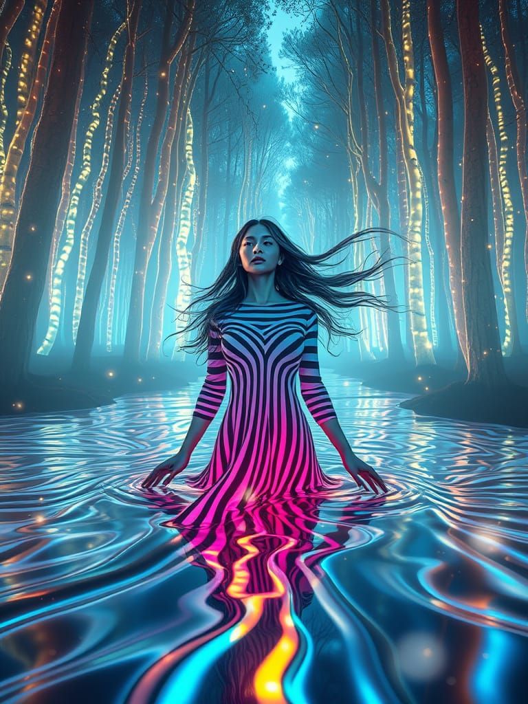 Surreal Lady Emerges from Vibrant Liquid in Ethereal Forest