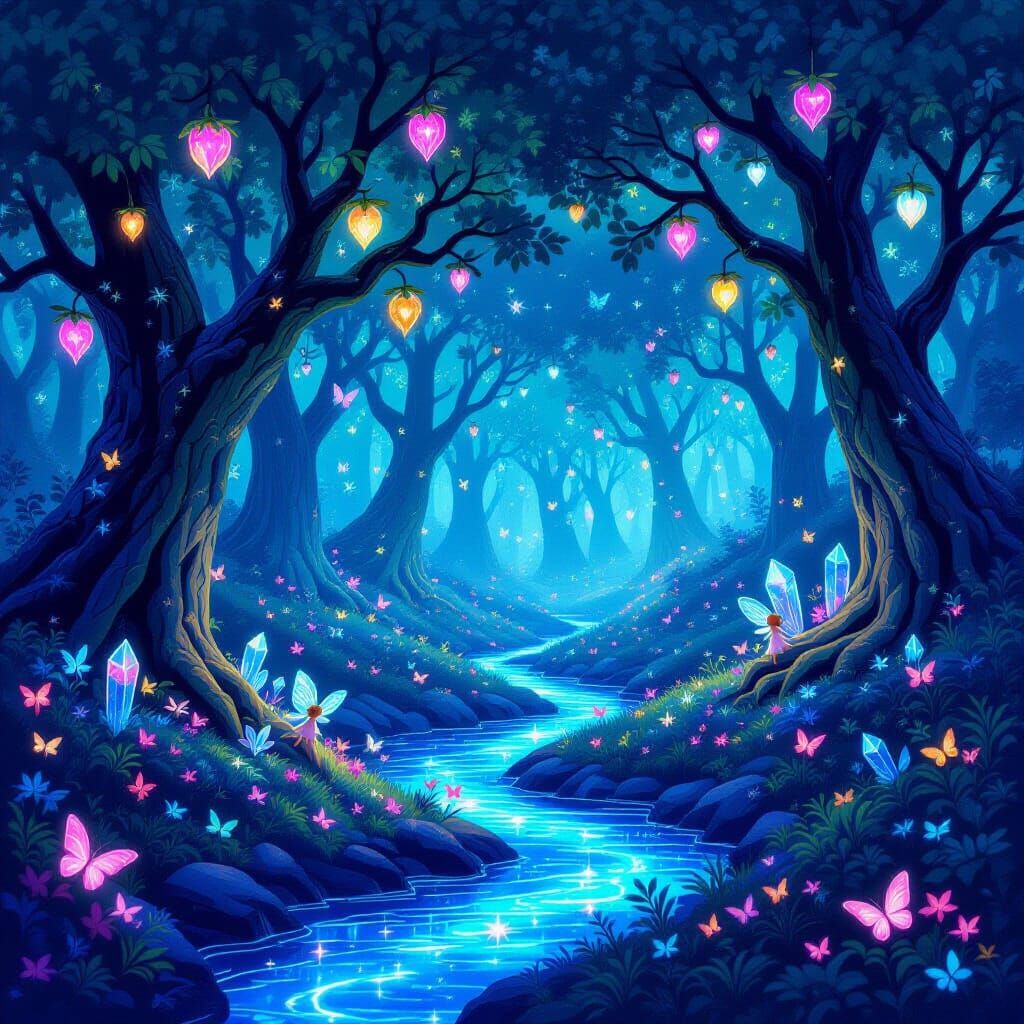 Bioluminescent Forest with Crystalline Fruits and Starlight ...
