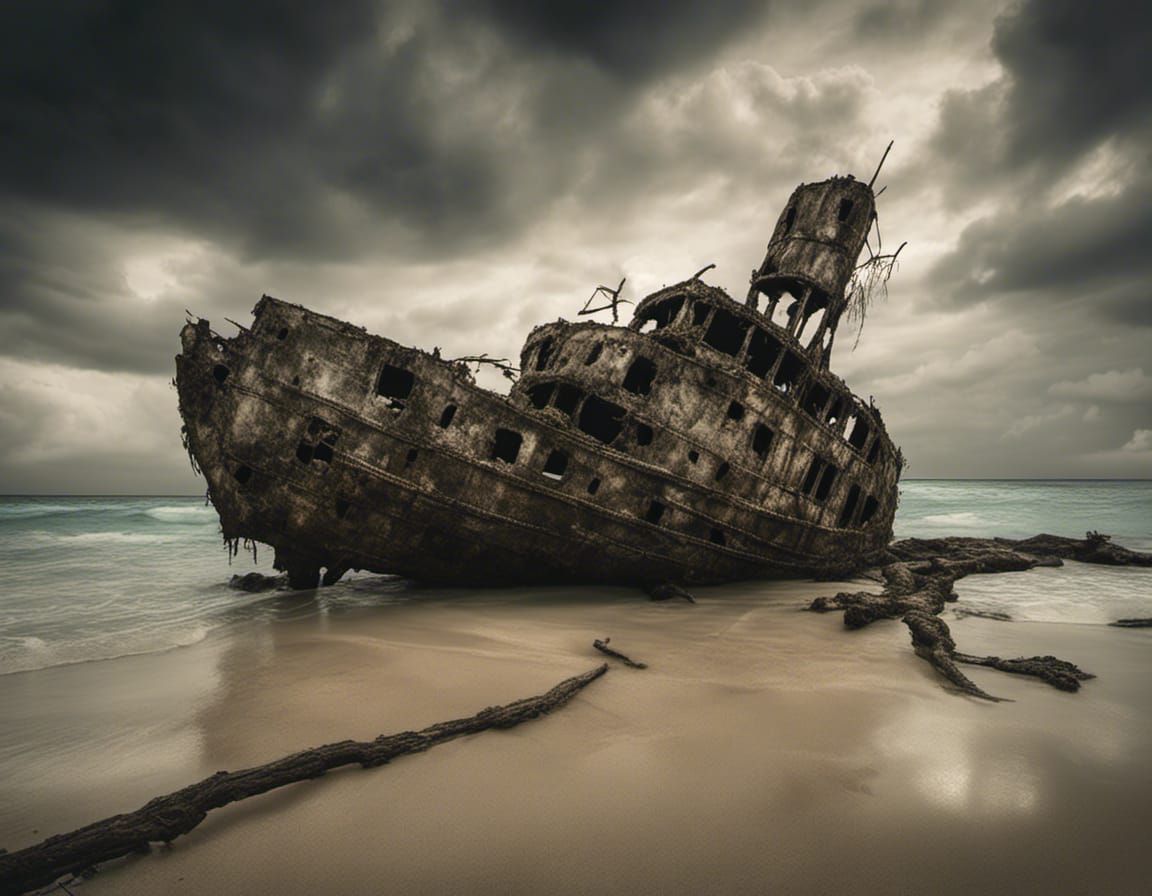 Shipwreck on Tropical Beach: Idyllic Landscape