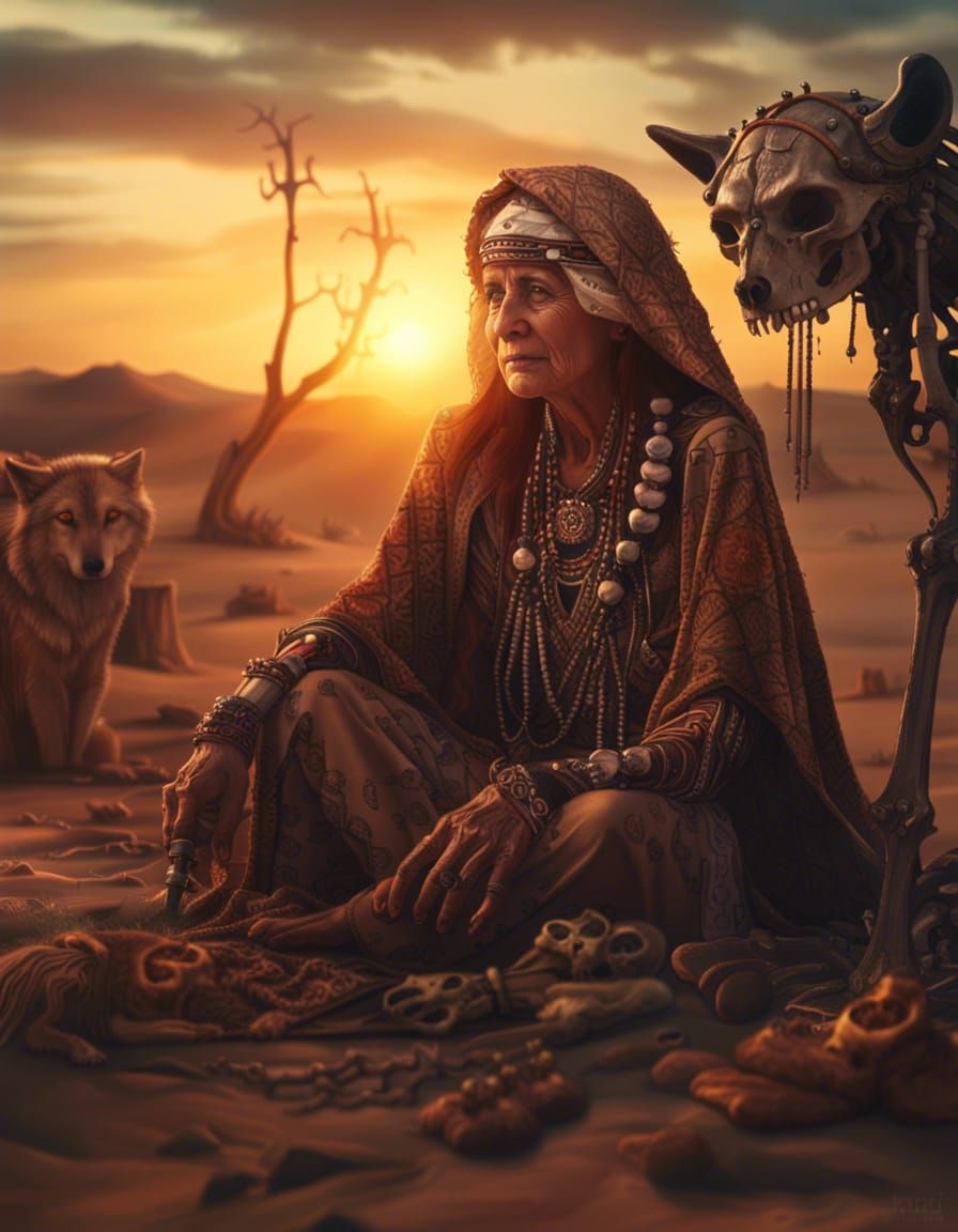 Mystical Desert Sunset with Shaman and Wolf