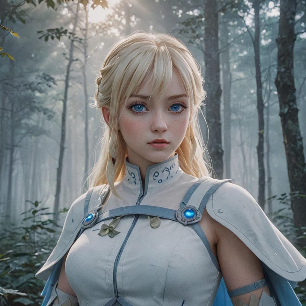 Anime Girl Hero in Mystical Forest, 3D Cel-Shaded Art