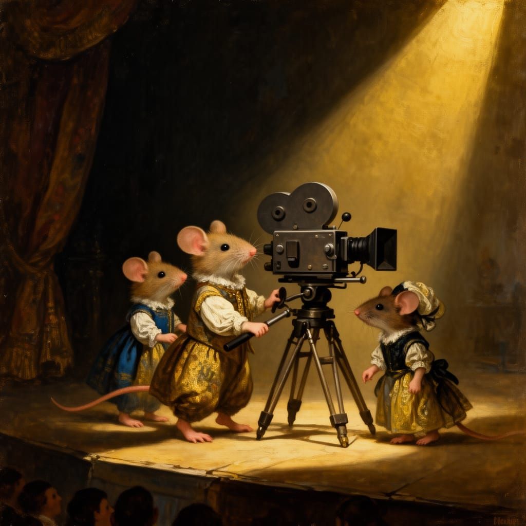 Mice Directing Silent Film in Vermeer Rackham Style