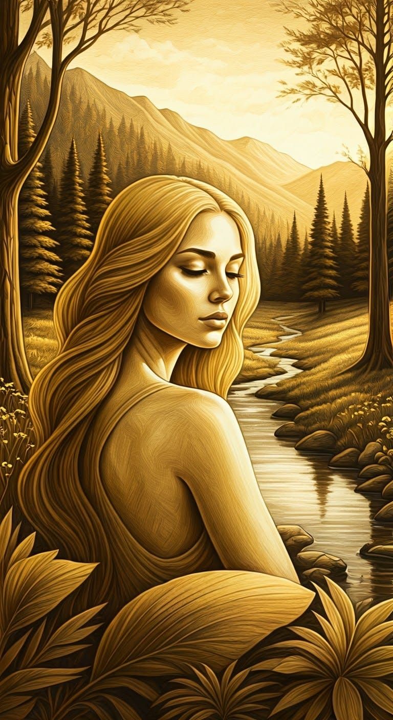 Woman in a Serene Landscape with Expressive Pencil Lines