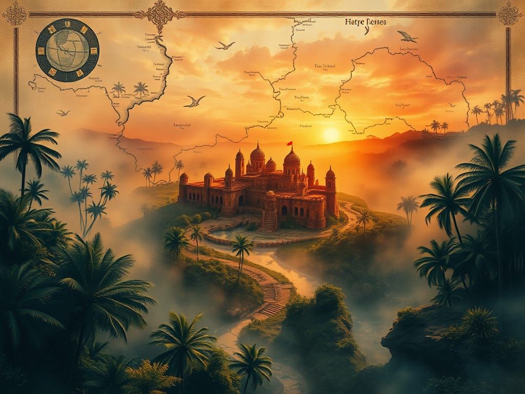 Ancient Map Reveals Lost Jungle City at Sunset in Watercolor