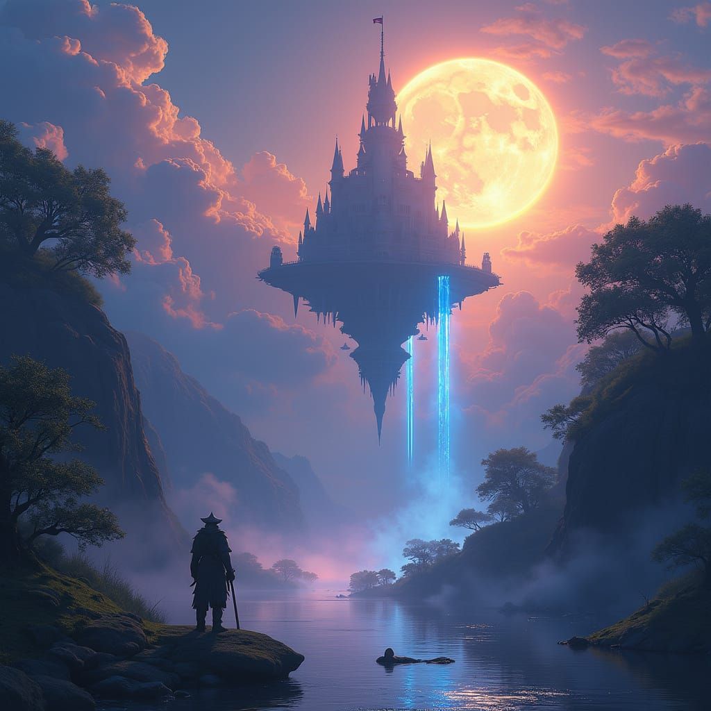 Epic Fantasy Realm with Majestic Floating Castle and Biolumi...