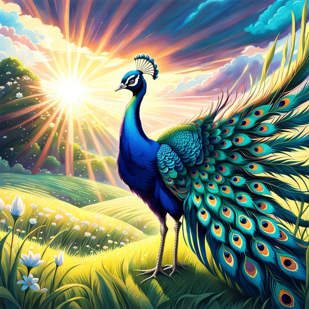 Anime Crayon Peacock in Sunlit Meadow