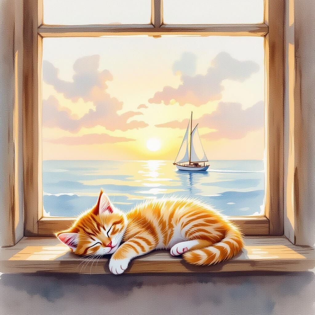 Kitten Napping by Ocean Window, Watercolor Style