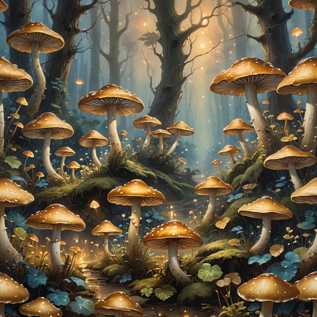 Glowing Mushrooms in Misty Forest: Ethereal Oil Painting