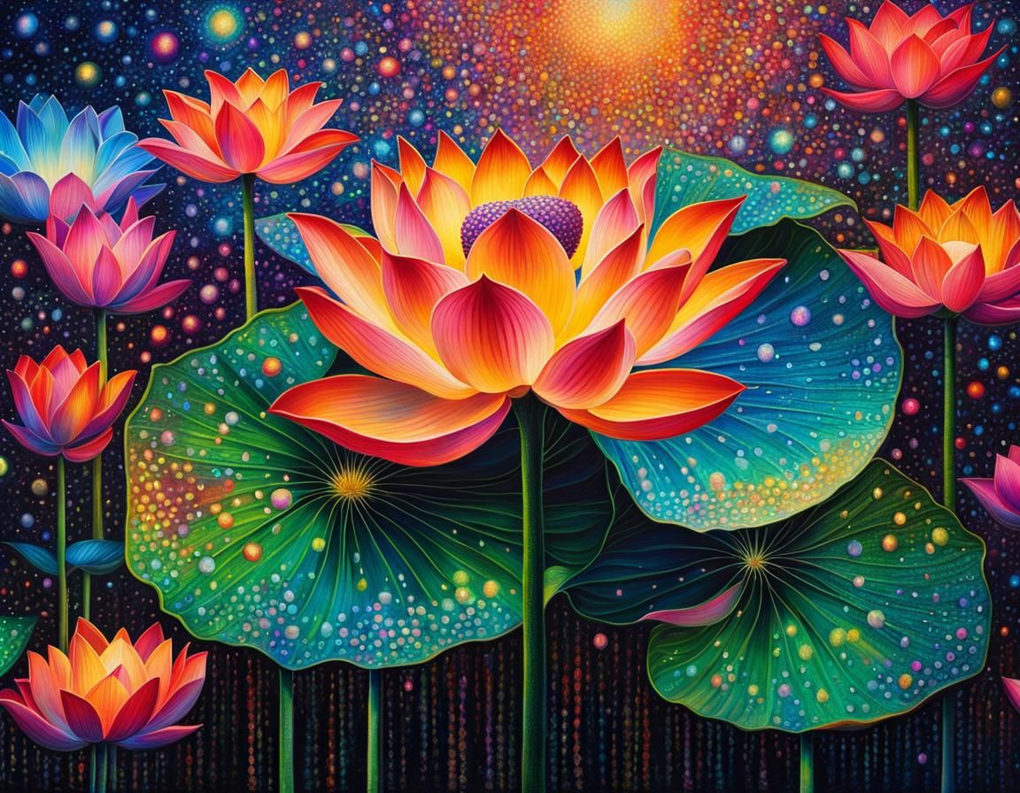 Lotus Flowers in Pointillism Alcohol Oil Painting