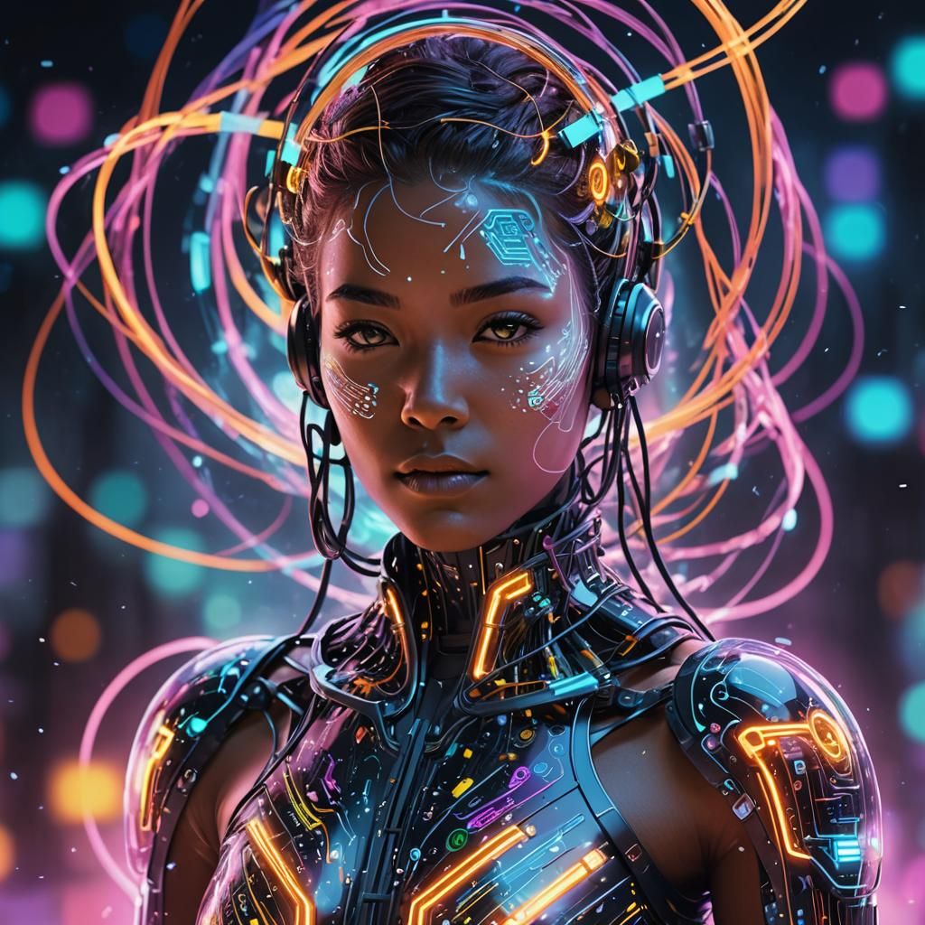 Futuristic Avatar Floating in Cloud of Code