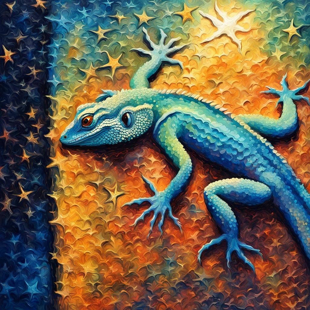 Lizard Climbs Window Screen on Starlit Night as Impasto Pain...