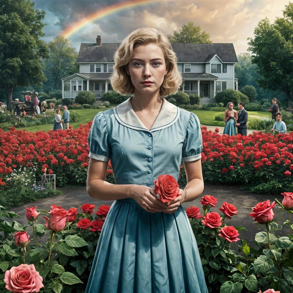 Surreal 1950s Housewife in Rose Garden