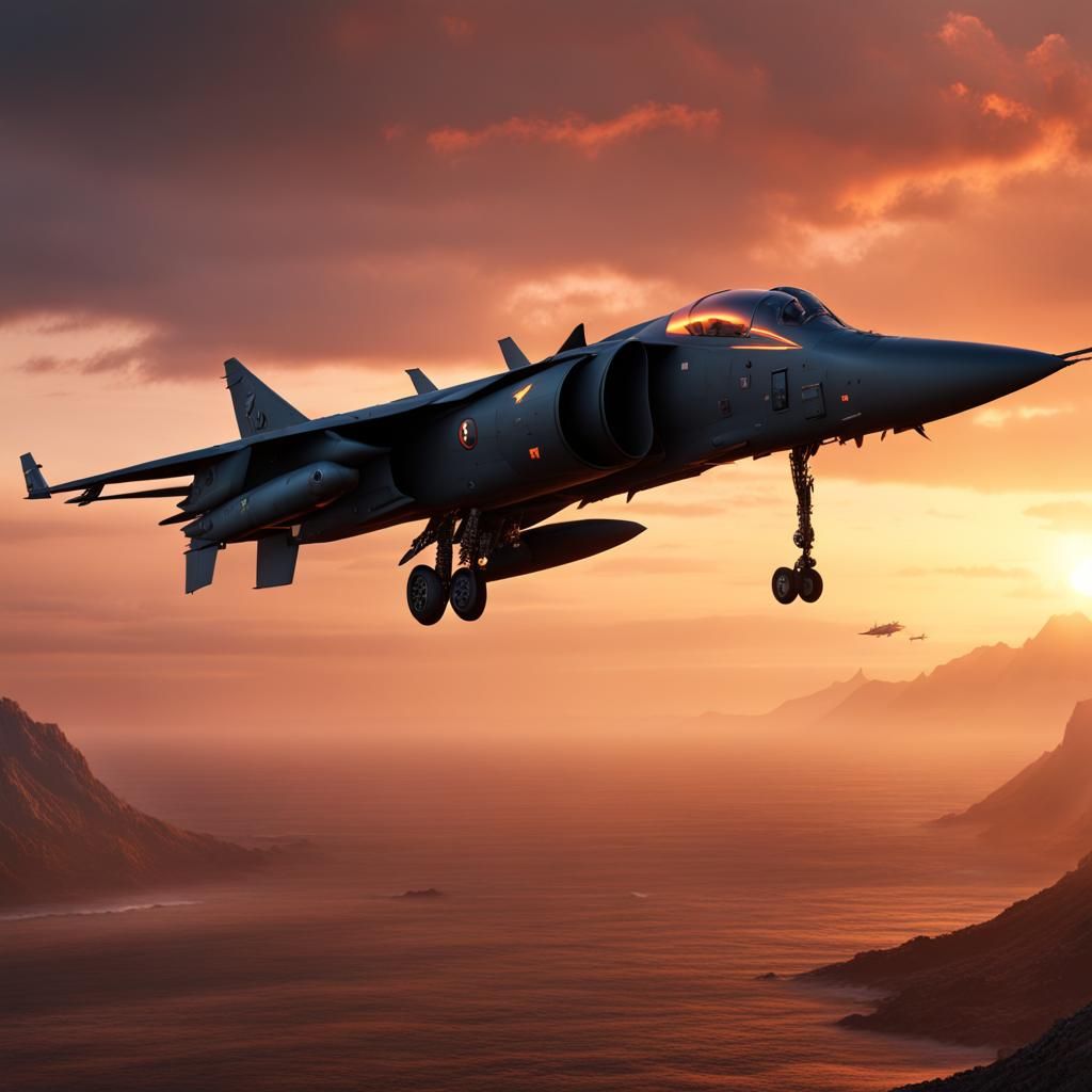 Harrier Jump Jet Sunset: Detailed Matte Painting