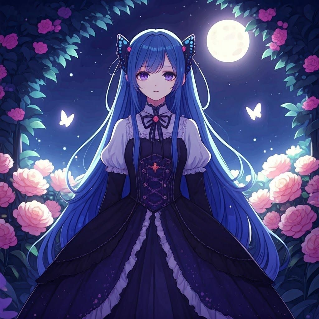 Whimsical Gothic Magical Girl in a Dreamy Moonlit Garden