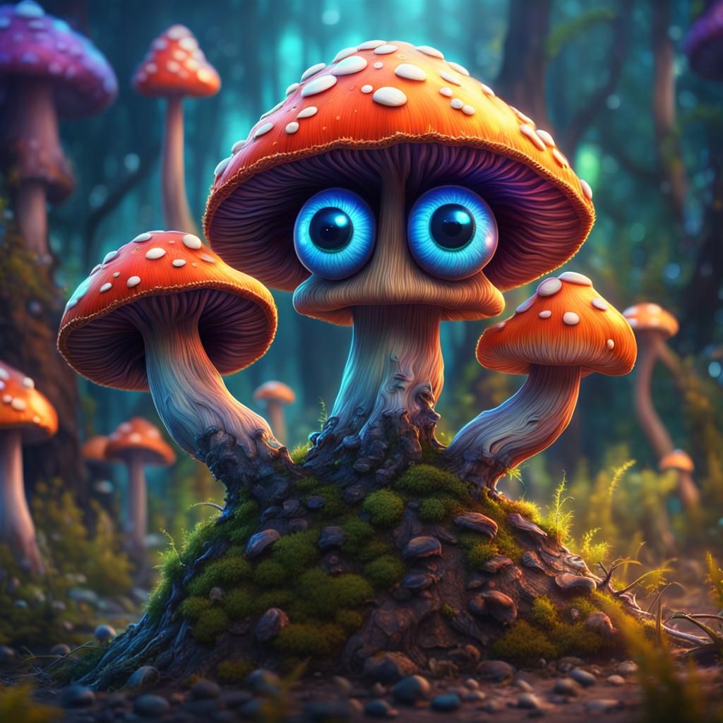 Colorful Psychedelic Mushroom Creature, Pixar Style