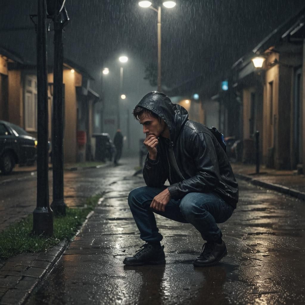 Young Man Squatting in Rainy Village Street