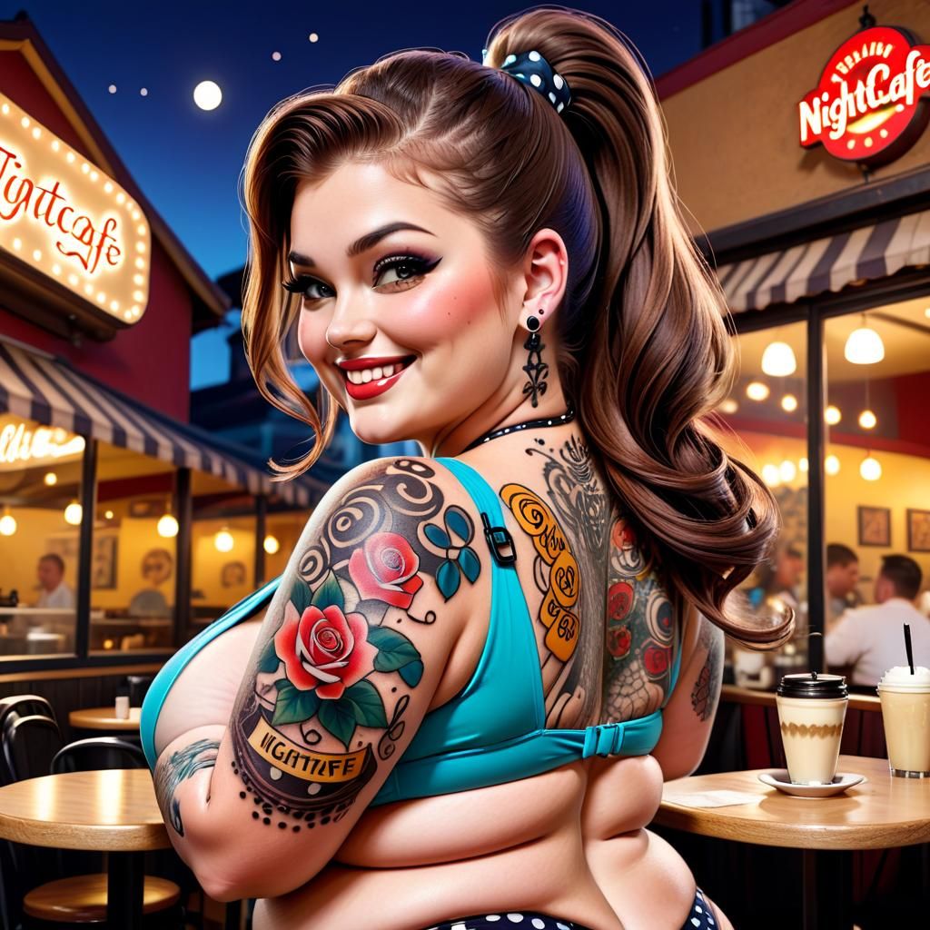 Beautiful Woman with Tattoo in Restaurant