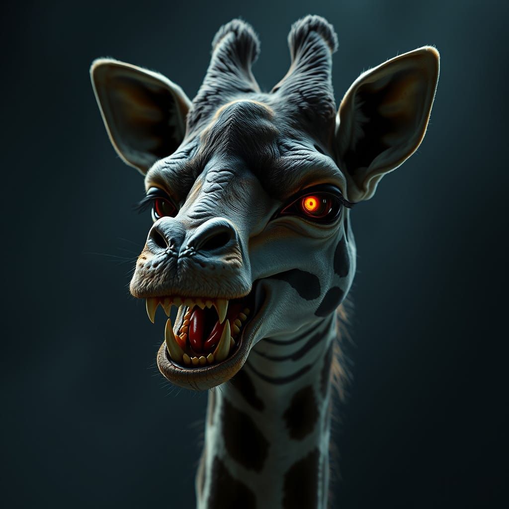 Menacing Giraffe-Cat Hybrid in Dark, Ominous Landscape
