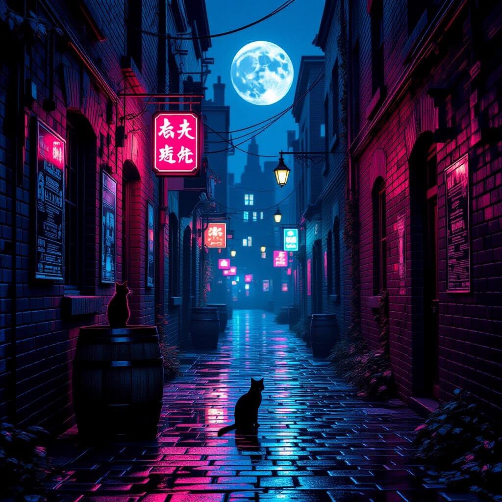 Moonlit Alleyway at Night with Neon Reflections